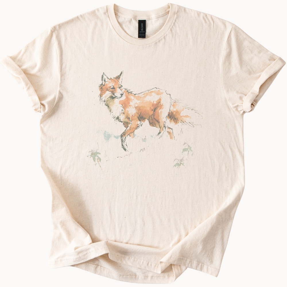 Red Fox Boho Tee Loose Sketch Animal Art